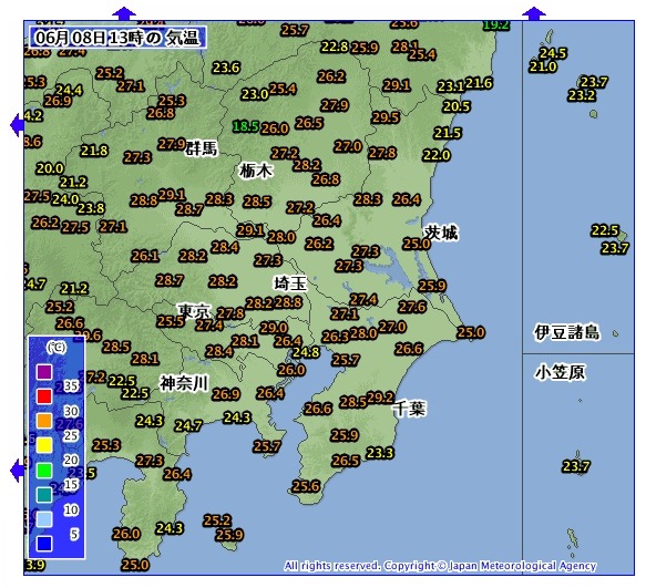 気象庁アメダスによる関東地方の気温（13時時点）