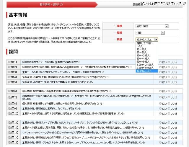 業種、職種、規模を選んで、25問にYES／NOで回答する