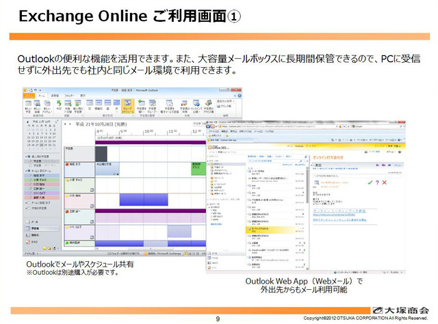 「Exchange Online」の利用画面。Outlookでメールやスケジュール共有すると便利