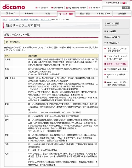 docomo Wi-Fi 新規サービスエリア情報