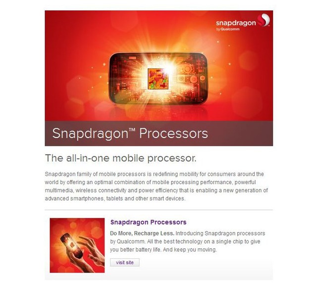「Snapdragon S4」シリーズのホームページの画面
