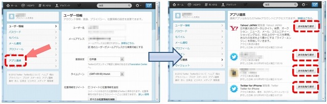 Twitterにおける連携サービス表示画面の例（2012年9月15日時点）