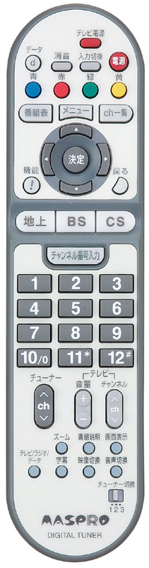 DT400付属のリモコン。
上部に各種設定ボタン、その下に放送切り替えボタン、下部に選局など通常のリモコン機能のボタンが配されている。