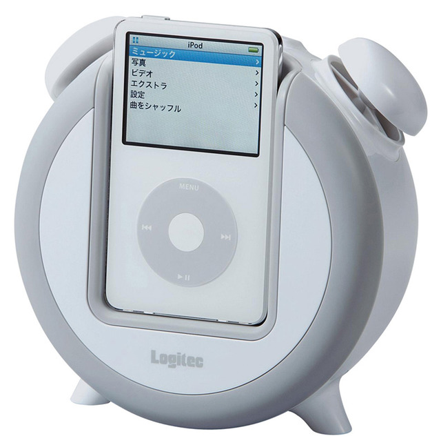 ホワイトモデルの「LDS-iALARMWH」。驚くほど目覚ましチック（iPod本体は別売り）