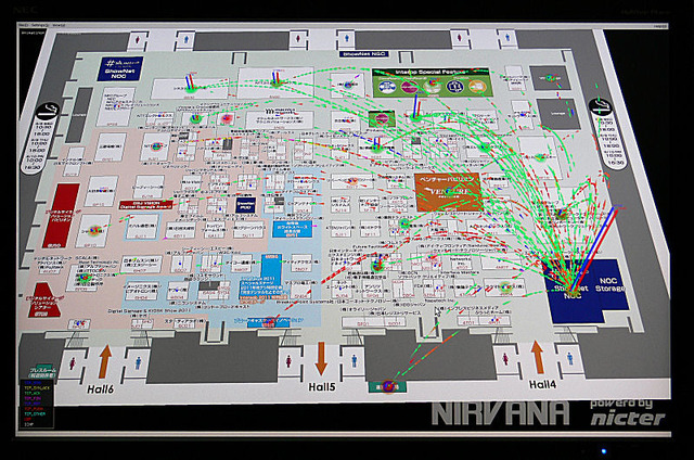 NIRVANAのデモ。INTEROP会場のShowNetのパケットを可視化。トラフィックの集中を把握したり、リンクの切断ヶ所の特定を早期に行えるなど、ネットワーク管理者の負担を大幅に軽減できる