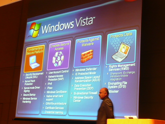 Windows Vistaのセキュリティ機能。カーネルパッチ、カーネルモードのドライバ署名、UAC、NAP、Windows Defender、RMS、Bitlockerなどの機能が盛り込まれている