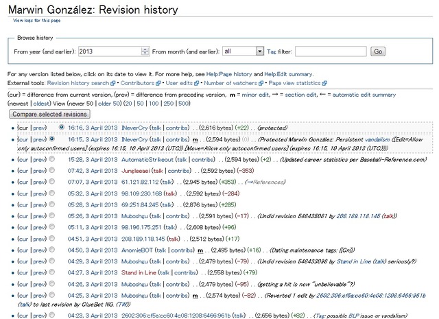 同選手のwiki（英語版）編集履歴。4月3日以降40回近い更新が行われた