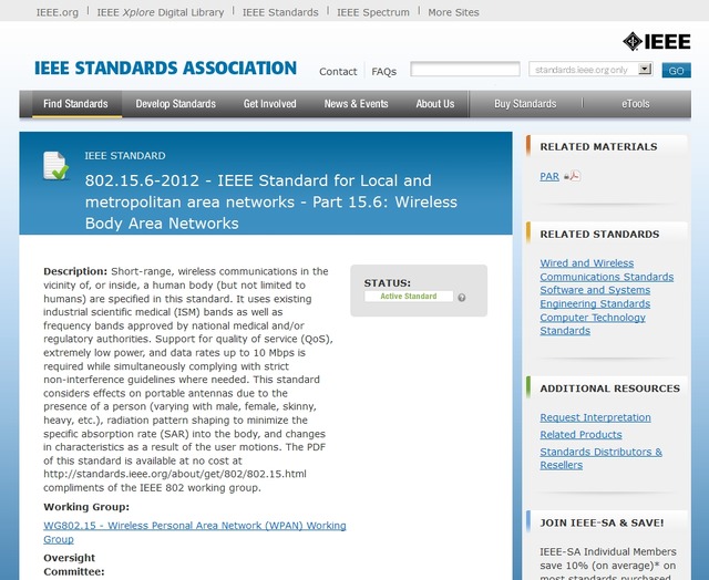 IEEEの802.15.6に関する案内ページ