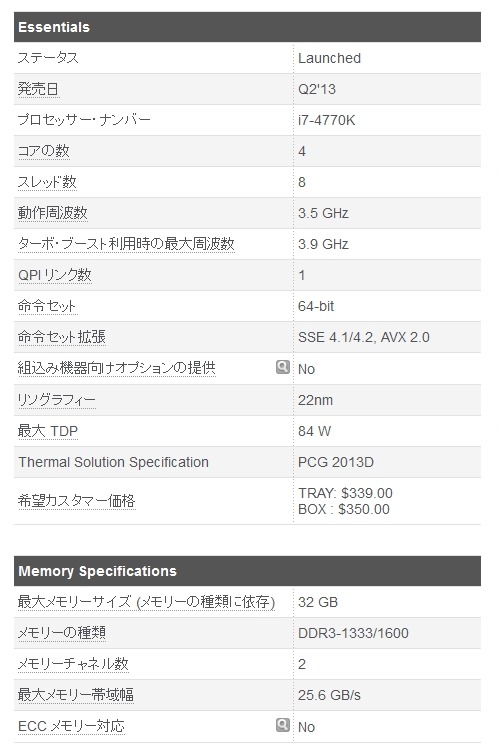 「インテルCore i7-4770Kプロセッサー」仕様