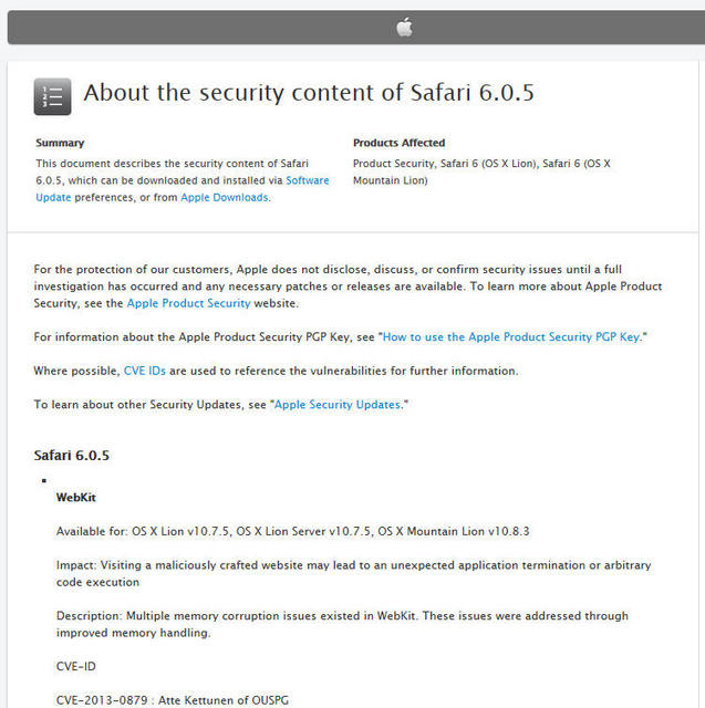Appleによるアップデート情報（英語）