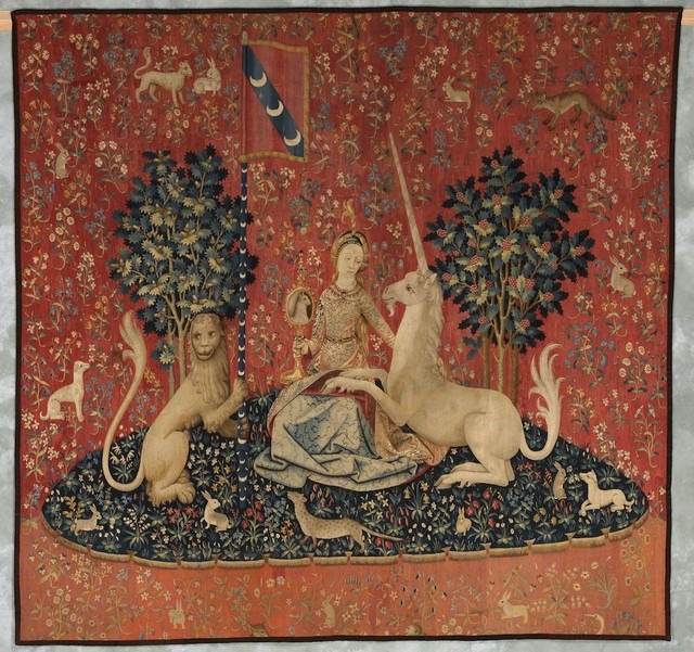 タピスリー《貴婦人と一角獣「視覚」》 （部分）1500年頃　羊毛、絹フランス国立クリュニー中世美術館所蔵
