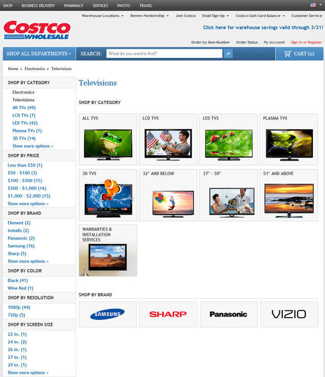 テストしたCostcoのウェブサイト： 「television」と検索すると表示されたページ