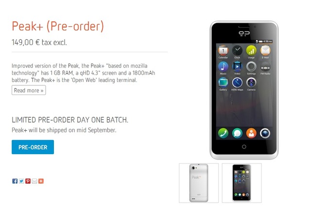 Geeksphoneの予約ページ。価格は149ユーロ、9月中旬の発売としている
