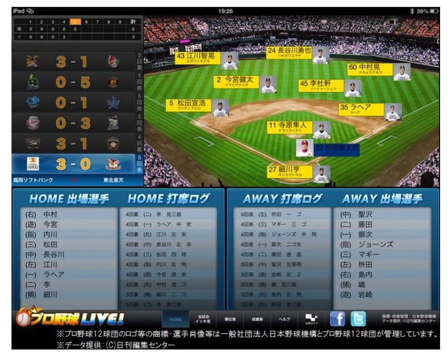 タブレット向け「プロ野球Live！」アプリの画面