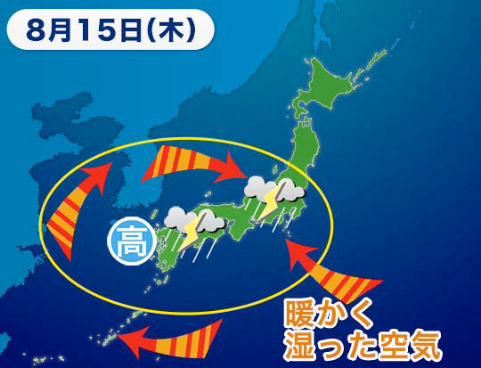 8月15日、諏訪湖祭湖上花火大会が中止になった際の天気図
