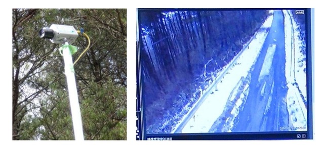 高清水高原における道路/崖の監視カメラ（左）と防災センターにおける表示（右）