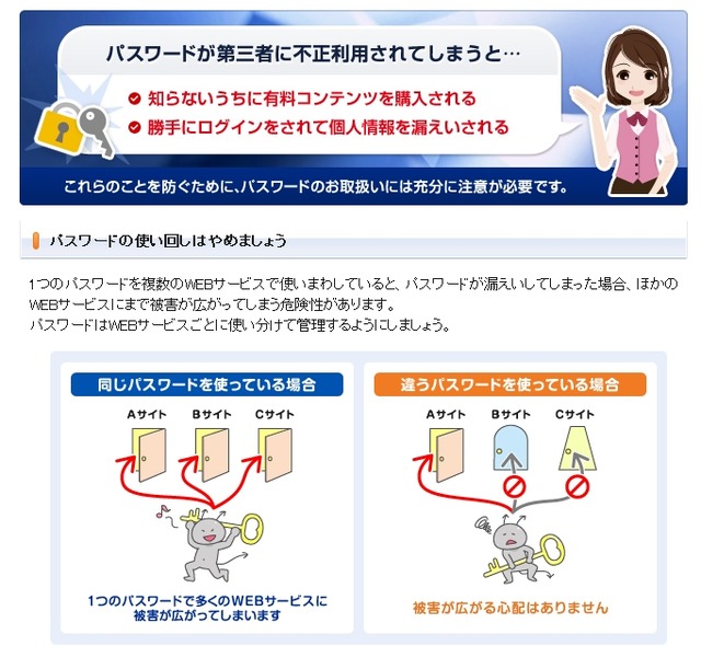 ニフティでは、パスワードの使い回しを行わないよう呼びかけている