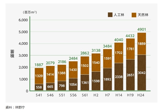 日本の森林資源の推移（「木材利用ポイント」ポータルサイトより）