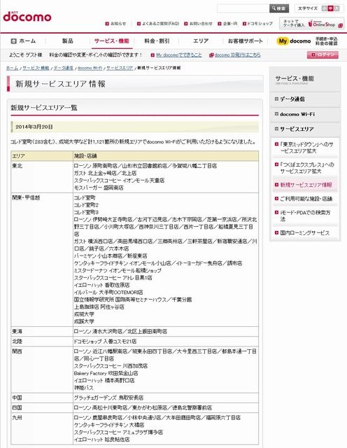 docomo Wi-Fi 新規サービスエリア情報