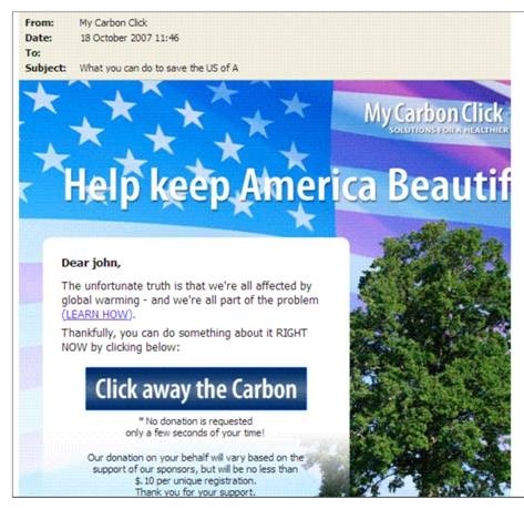 地球温暖化防止を騙るスパムの例：「Click away the Carbon」などと表示してユーザーを騙す