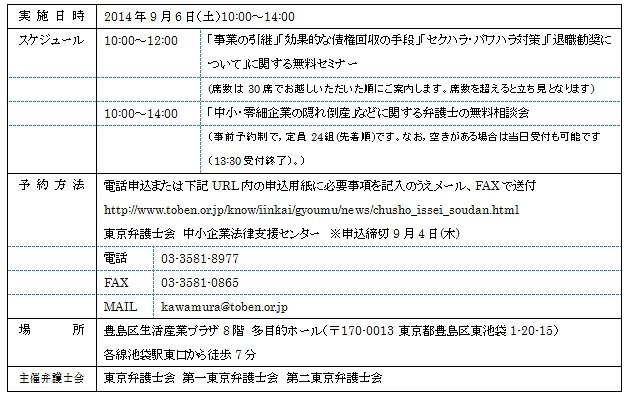 「9月6日　東京弁護士会　無料法律相談会」実施内容