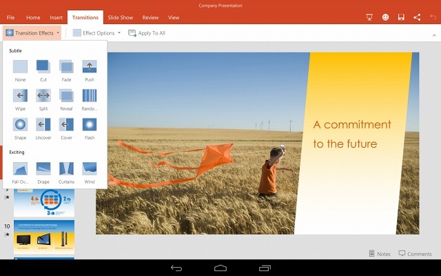PowerPoint for Android tablet Previewの画面