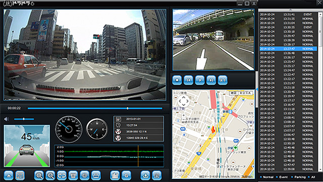 撮影画像の確認は専用ビュワーソフトにて対応。GPS位置情報や前後左右の加速Gも確認できる。