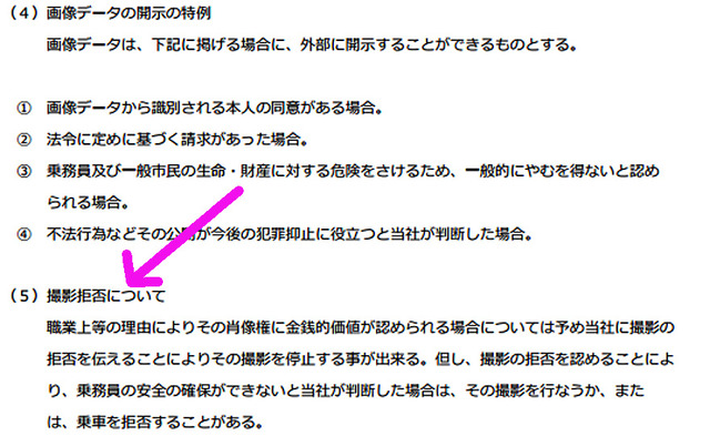 タクシー会社によっては「設置指針」で、「肖像権に金銭的価値が発生する場合は撮影拒否を伝えて撮影を停止する」ことを明記したものもある（画像は南仙台交通の設置指針）。