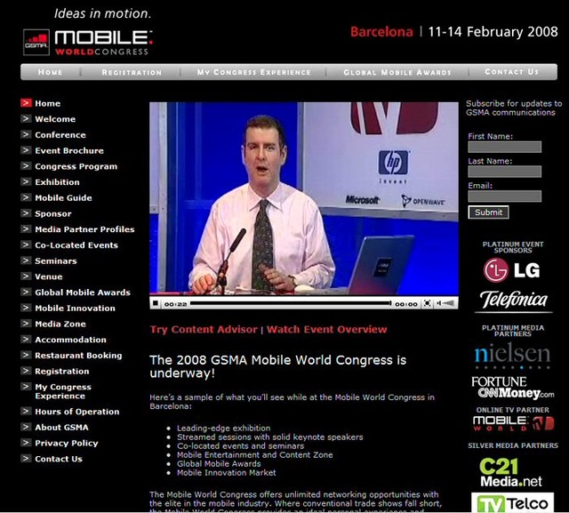 「Mobile World Congress 2008」公式ページ（http://www.mobileworldcongress.com/homepage.htm）