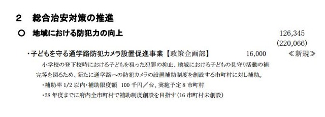 下校時の子供を狙った神戸市の女児殺害事件などは記憶に新しい。防犯カメラの設置増加による抑止効果が期待される（画像は「平成27年度当初予算案の概要」より）。