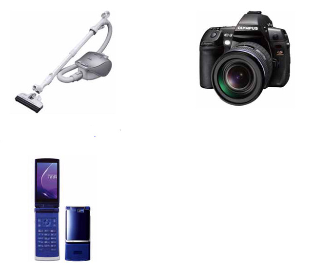 「オリンパスのデジタル一眼レフカメラ E-3」「富士通 FOMA F905i」「松下電器産業の掃除機 MC-P700J」