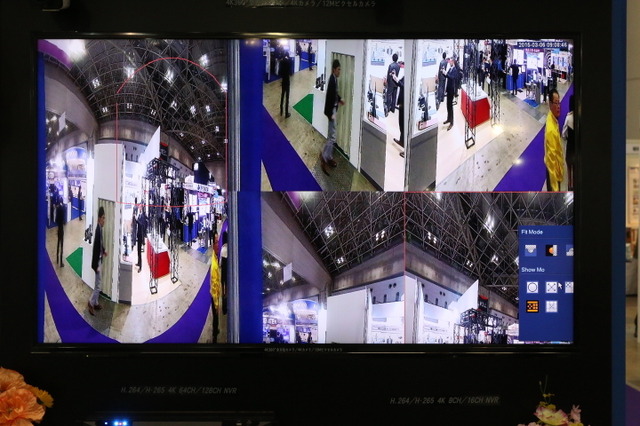 12メガピクセルの全方位カメラで撮影した映像。画面左が全体像で、右側の4枚は補正して分割したもの