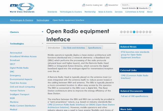欧州電気通信標準化機構（ETSI）「ORI」解説ページ