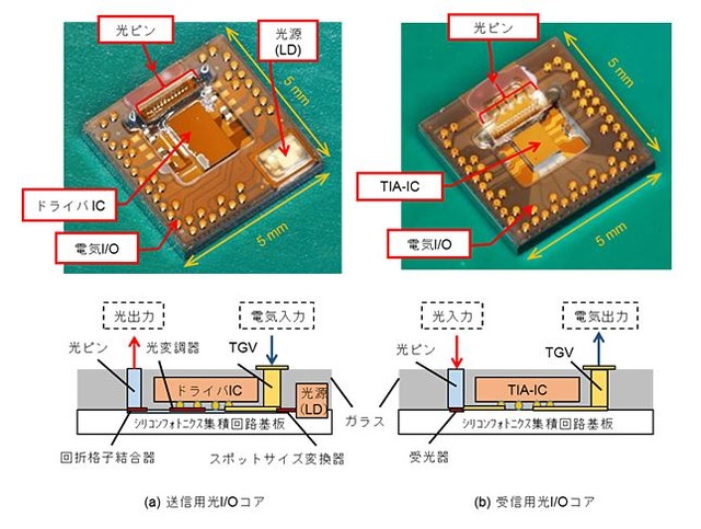 送受信用光I/Oコアの構造図。送信用及び受信用の別があり、光トランシーバとして必要な機能を5mm角の面積で実現した（画像はNEDOのリリースより）。