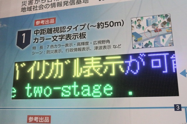 中距離視認タイプ「カラー文字表示板」は、日本語と英語の表示が可能で、上下で英語と日本語に分けたバイリンガル表示もできる