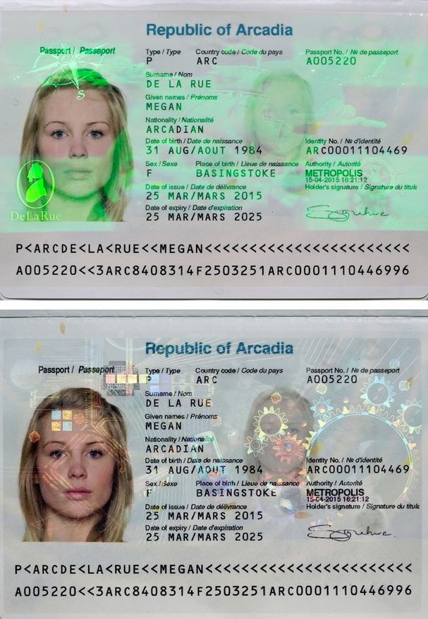 ホログラムのパスポートへの利用イメージ。上段がリップマンホログラム、下段がエンボスホログラムを使用したもの（画像は同社リリースより）。