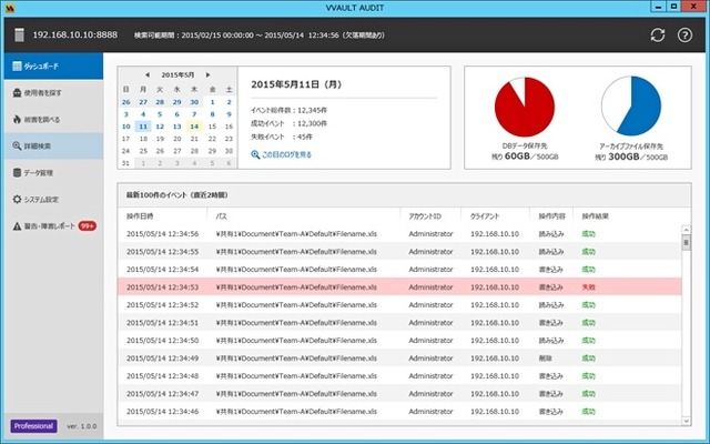 「VVAULT AUDIT」のダッシュボード画面。Windows上で共有フォルダのアクセス記録を管理するファイルサーバーログ管理ソフト（画像はプレスリリースより）