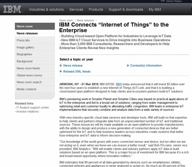 米IBMによる、IoT部門新設と投資に関する発表