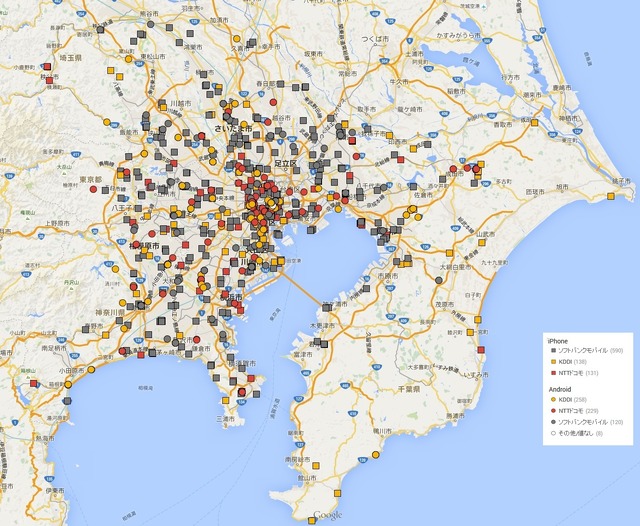 東京都・神奈川県・千葉県・埼玉県で下り100Mbps以上を記録した地点