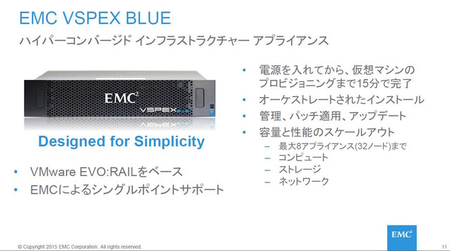 VSPEX BLUEは、2Uの筐体に4ノードのサーバが搭載されたアプライアンス。VMware EVO:RAILをベースに、VSANでサーバ内のストレージを論理的に束ねて使用