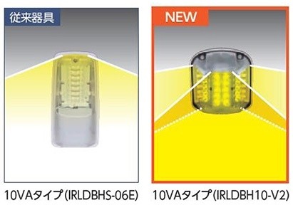 従来品のLED防犯灯と比べ、LEDの設置方法を変えたことでより広範囲を照射することができるようになった（画像はプレスリリースより）
