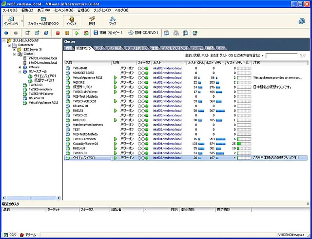 VirtualCenterのメニューや画面表示が日本語化されているほか、一覧に表示されている仮想マシンに日本語の名前が使われているのがわかる