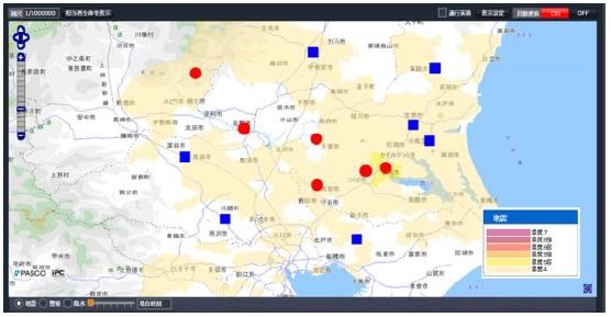 地震に関しては震度4以上の地域を地図上に表示。自社の車両の安全確認や被災地の状況の把握が行える（画像はプレスリリースより）