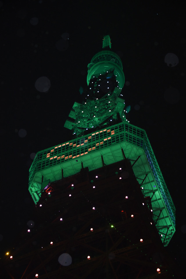 クリスマスツリーをイメージしてライトアップされた東京タワー【写真：竹内みちまろ】