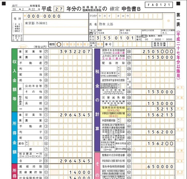 生成された申告書類のサンプル。フォーマットも税務署から送られてくる書式と同じにデザインされており、印刷すれば正式な申告書類として有効なものとなる