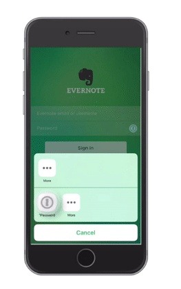 「1Password」を使った「Evernote for iOS」へのログイン画面