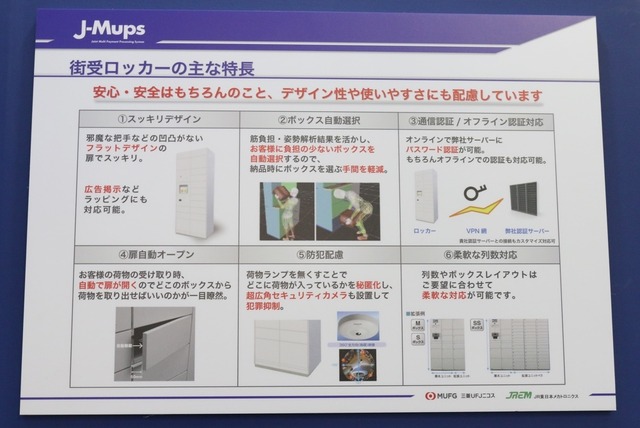 「街受ロッカー」の特徴的な6つのポイントを示したパネル（撮影：防犯システム取材班）