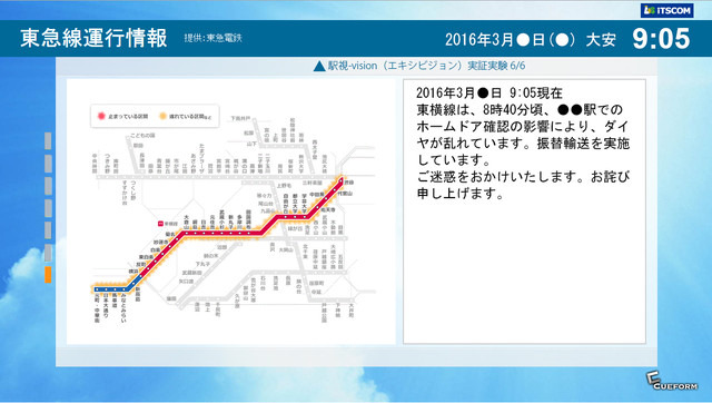 「駅視-vision」に加え、東急線の運行停止や遅延路線が一目でわかる路線図も自宅のテレビで確認できるようになる（画像はプレスリリースより）
