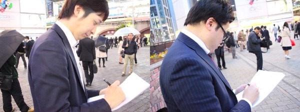 「落ち込んでいるときに博多弁で癒やされたい」と、横浜市の会社員（写真左）。金沢から出張に。女の子が照れながら言う関西弁の「好きやねん」もたまらんそう（同右）