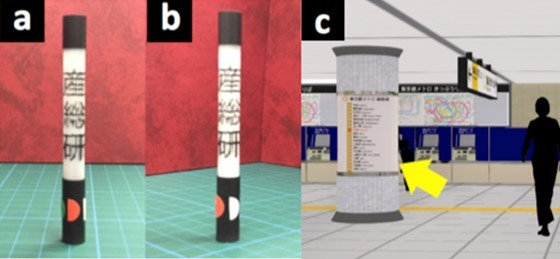 ディスプレイの試作模型（a,bは別角度から撮影）と利用例（cのイラストの矢印箇所）